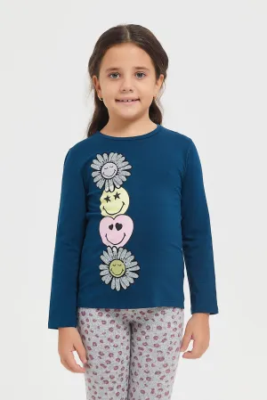 Girls Navy Applique Work T-Shirt