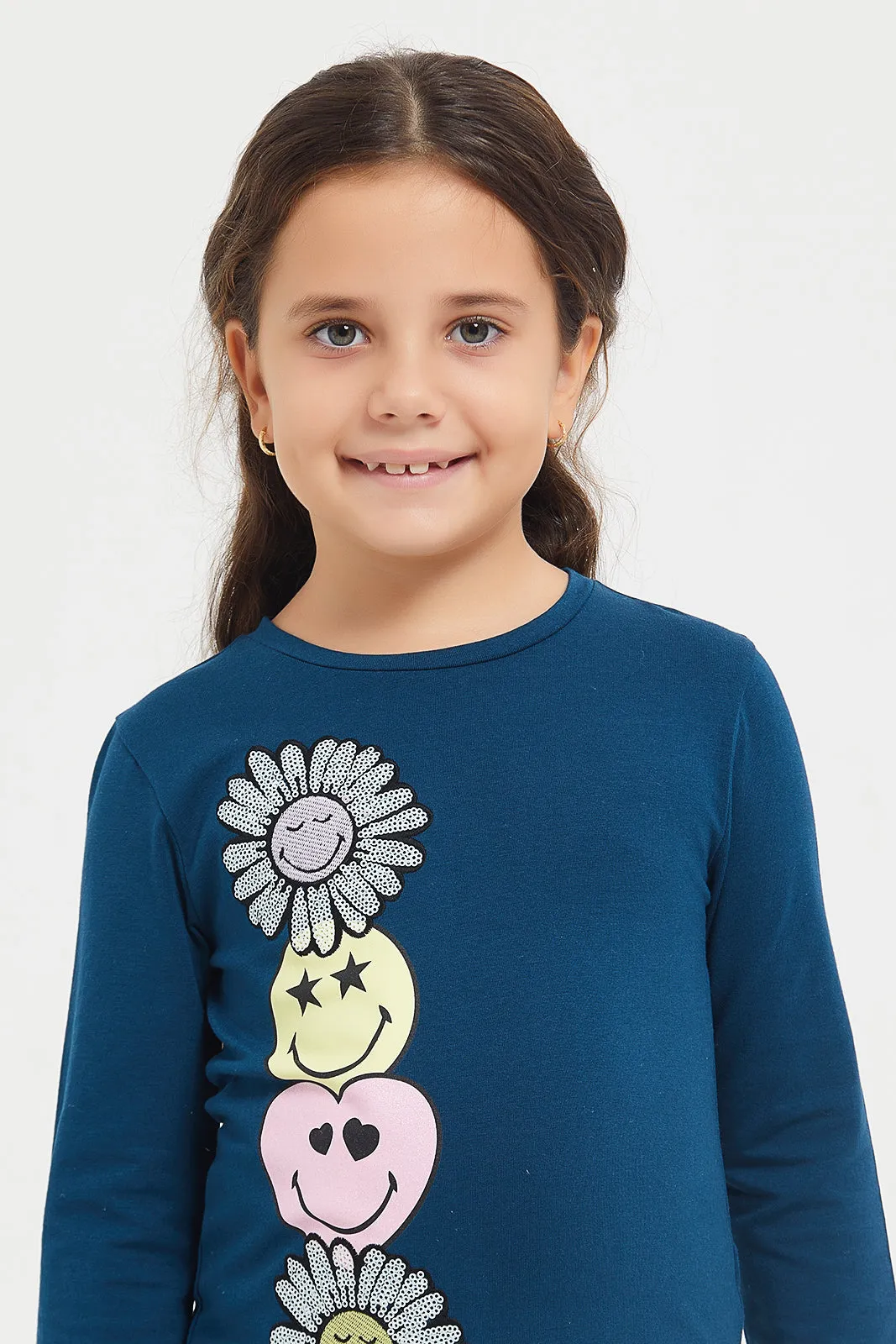 Girls Navy Applique Work T-Shirt