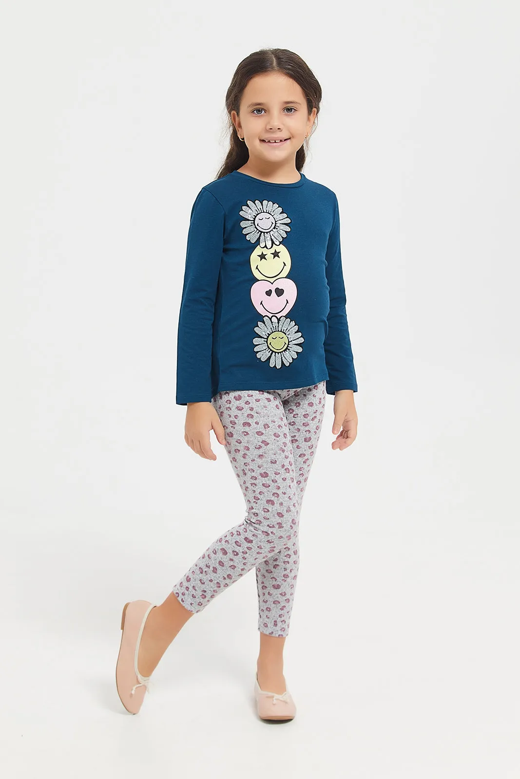 Girls Navy Applique Work T-Shirt