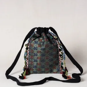 Green - Soof Stitch Embroidery Pure Handloom Cotton Sling Potli Bag