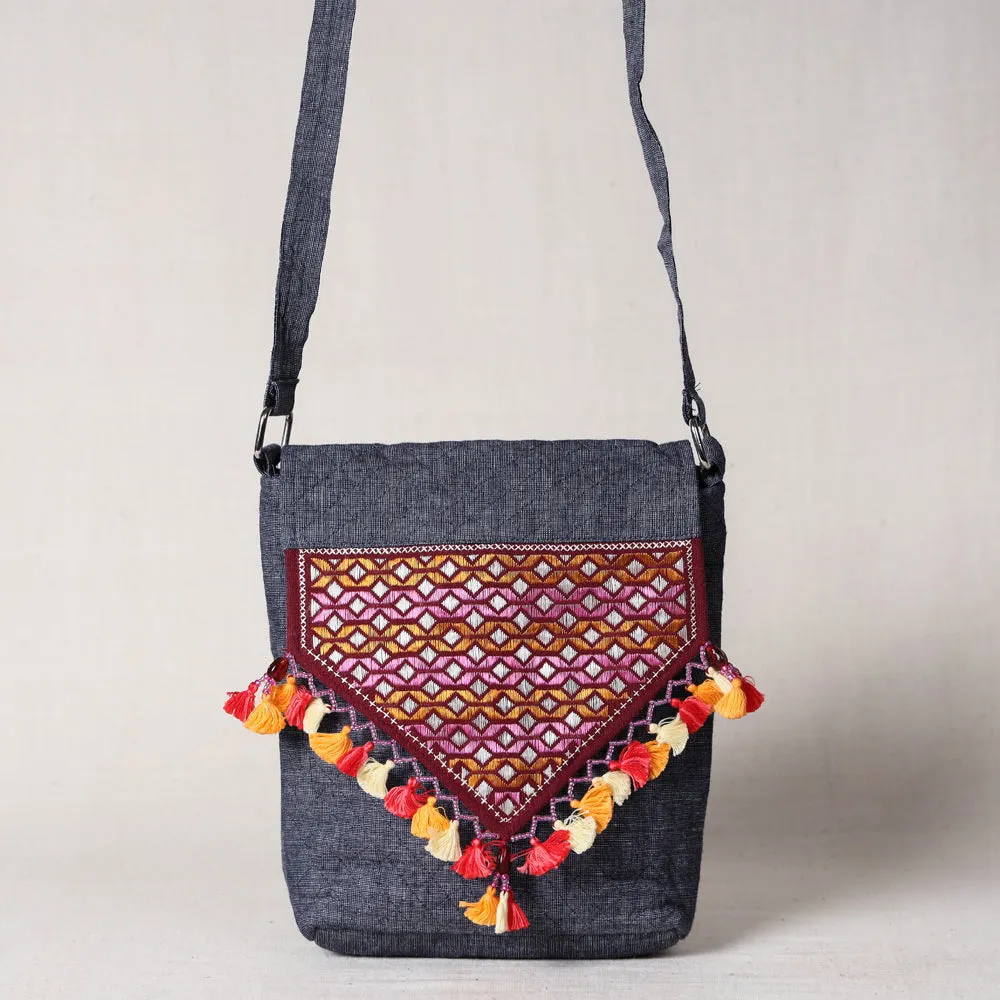 Grey - Soof Stitch Embroidery Pure Handloom Mashru Silk Sling Flap Bag