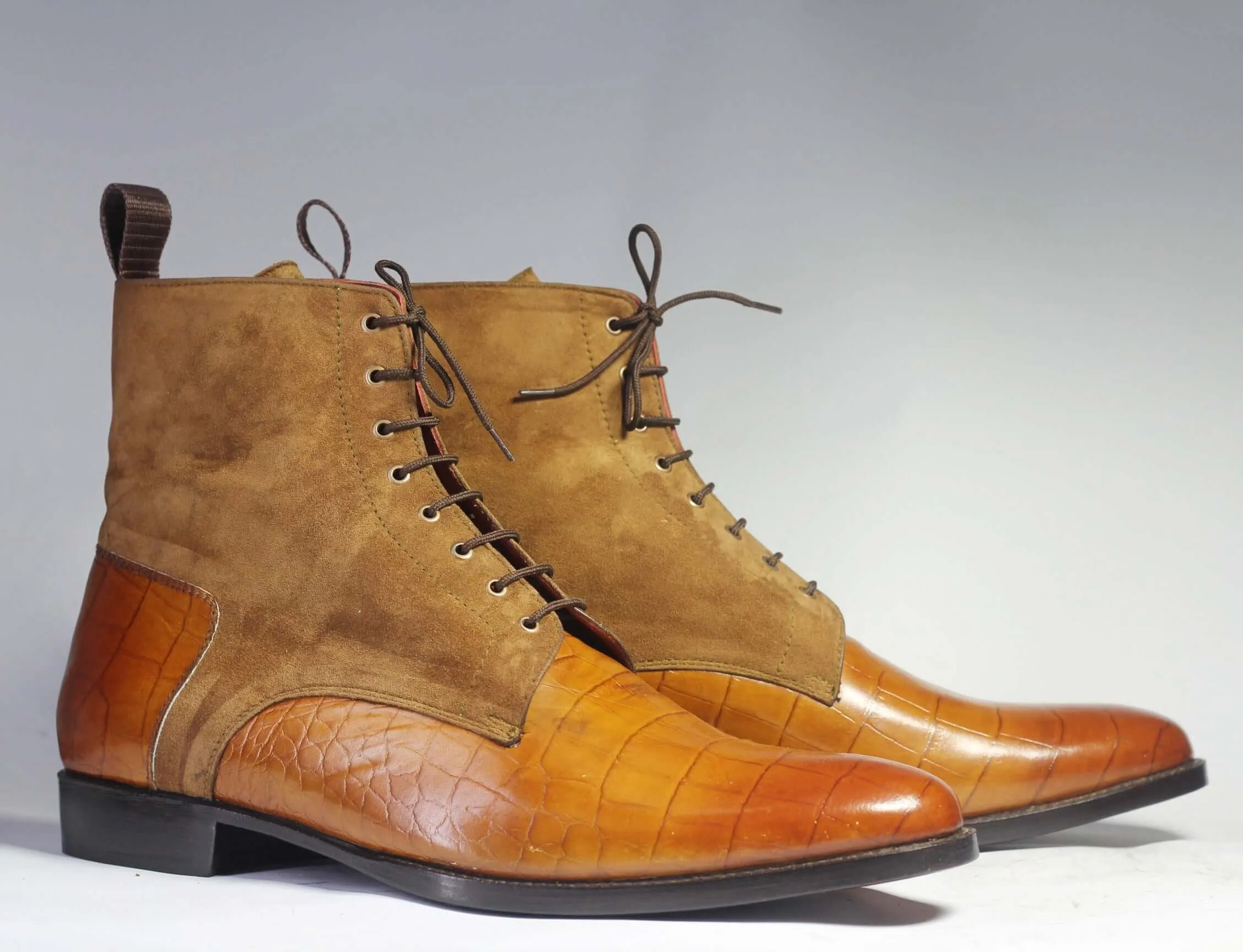 Handmade Men's Tan Leather Brown Suede Lace Up Boots, Men Ankle Boots, Men Designer Boots