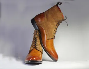 Handmade Men's Tan Leather Brown Suede Lace Up Boots, Men Ankle Boots, Men Designer Boots