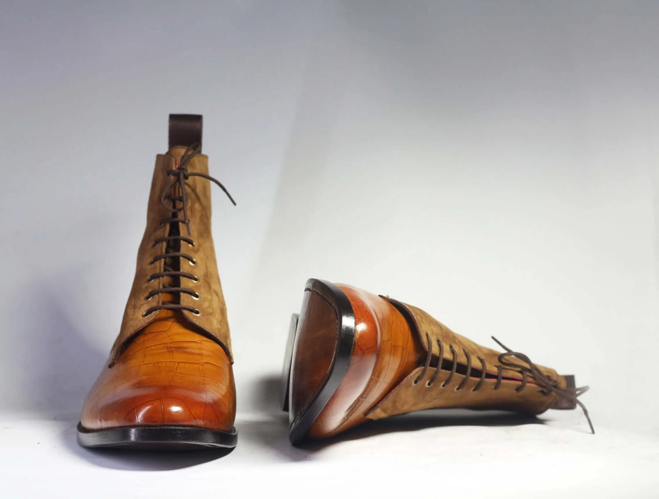 Handmade Men's Tan Leather Brown Suede Lace Up Boots, Men Ankle Boots, Men Designer Boots