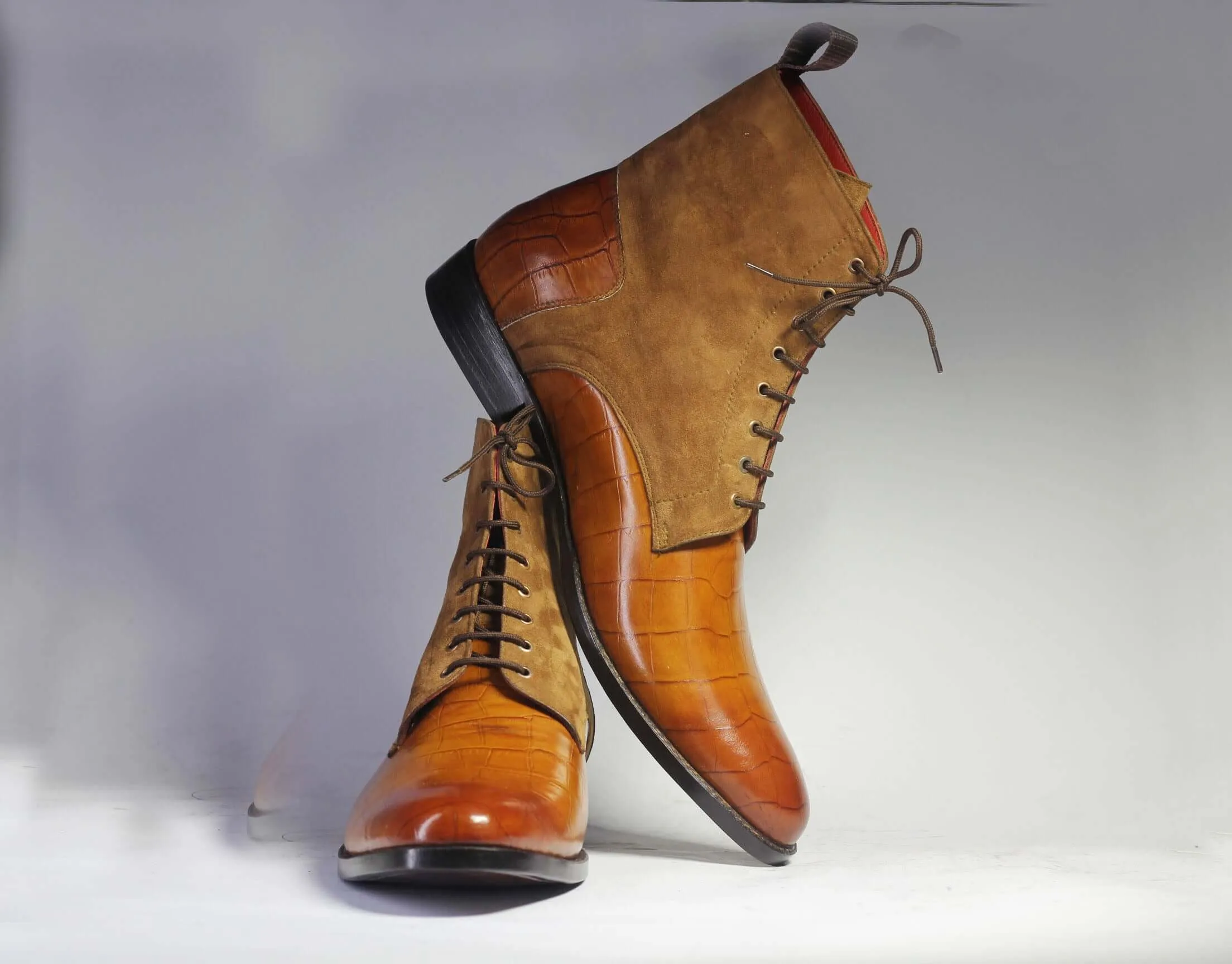 Handmade Men's Tan Leather Brown Suede Lace Up Boots, Men Ankle Boots, Men Designer Boots
