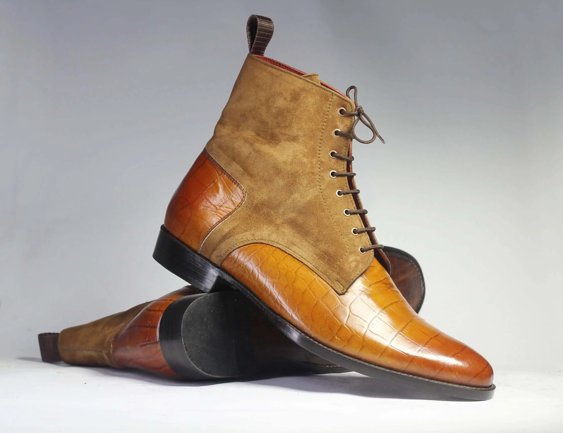 Handmade Men's Tan Leather Brown Suede Lace Up Boots, Men Ankle Boots, Men Designer Boots