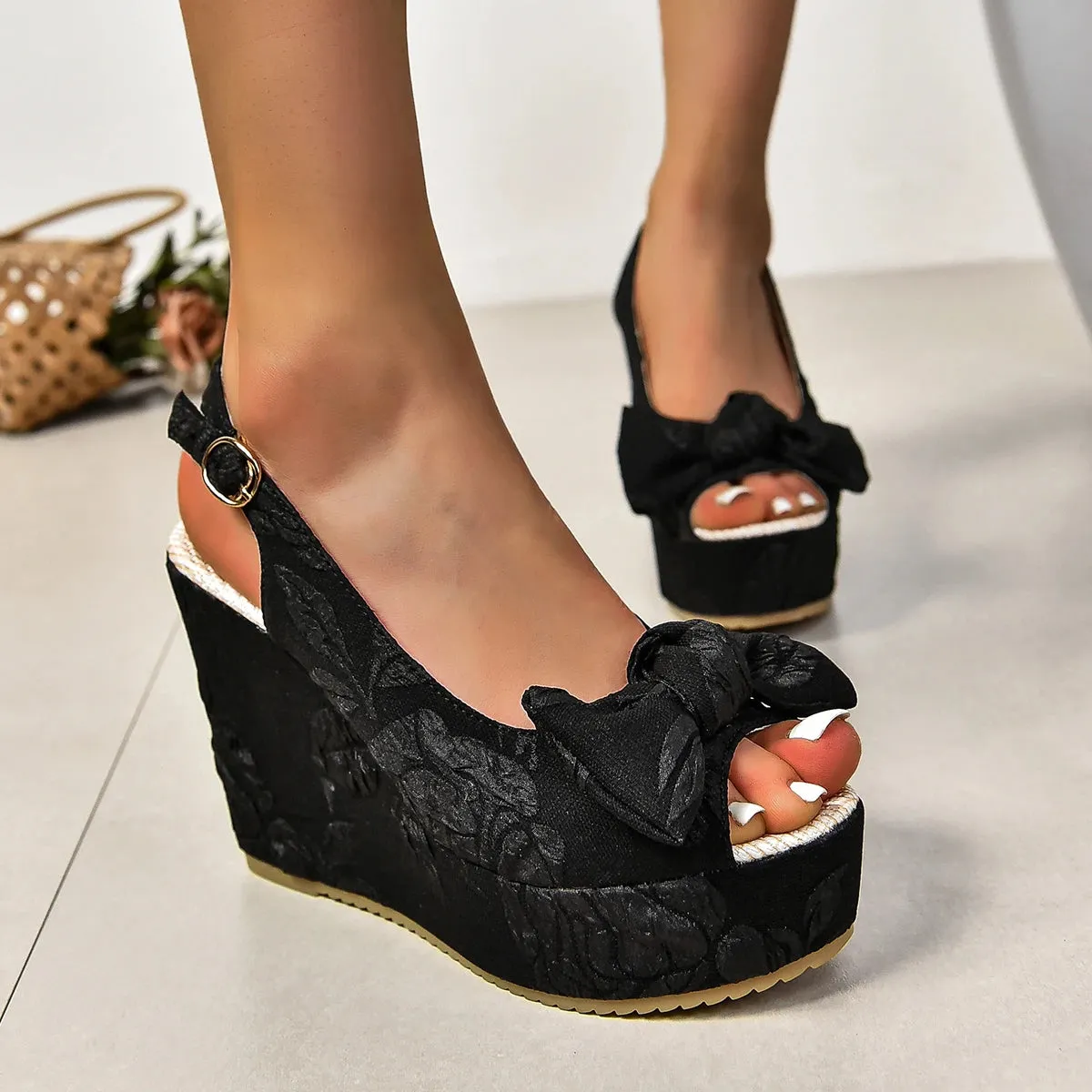Hnzxzm Embroidered Wedge Sandals Women Fashion Bowknot Chunky Platform Sandles Woman Summer Super High Heels Peep Toe Sandalias Mujer