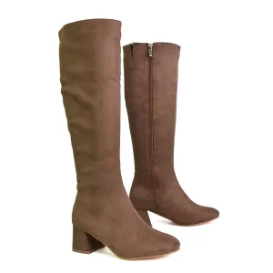 Kaia Flared Block High Heel Below The Knee High Boots With Heel in Taupe Faux Suede