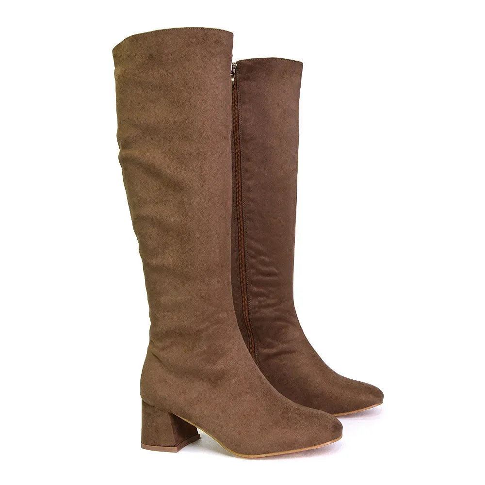 Kaia Flared Block High Heel Below The Knee High Boots With Heel in Taupe Faux Suede
