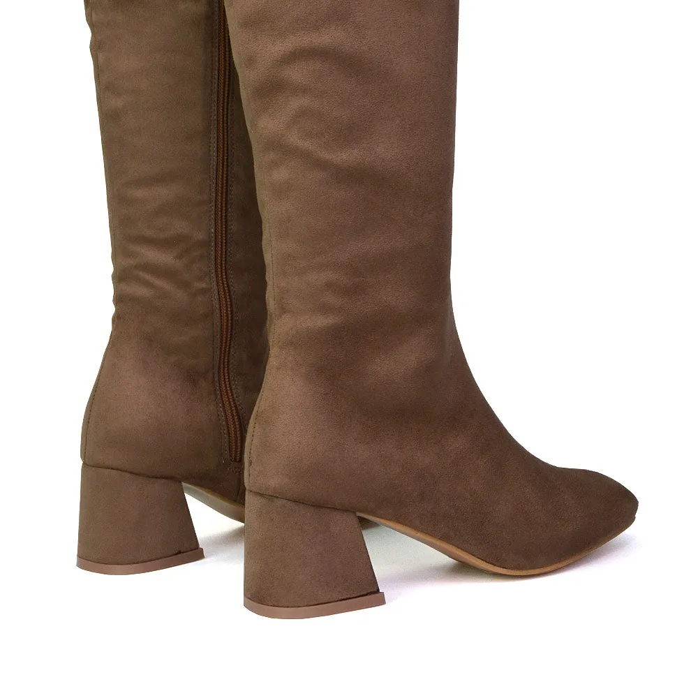 Kaia Flared Block High Heel Below The Knee High Boots With Heel in Taupe Faux Suede