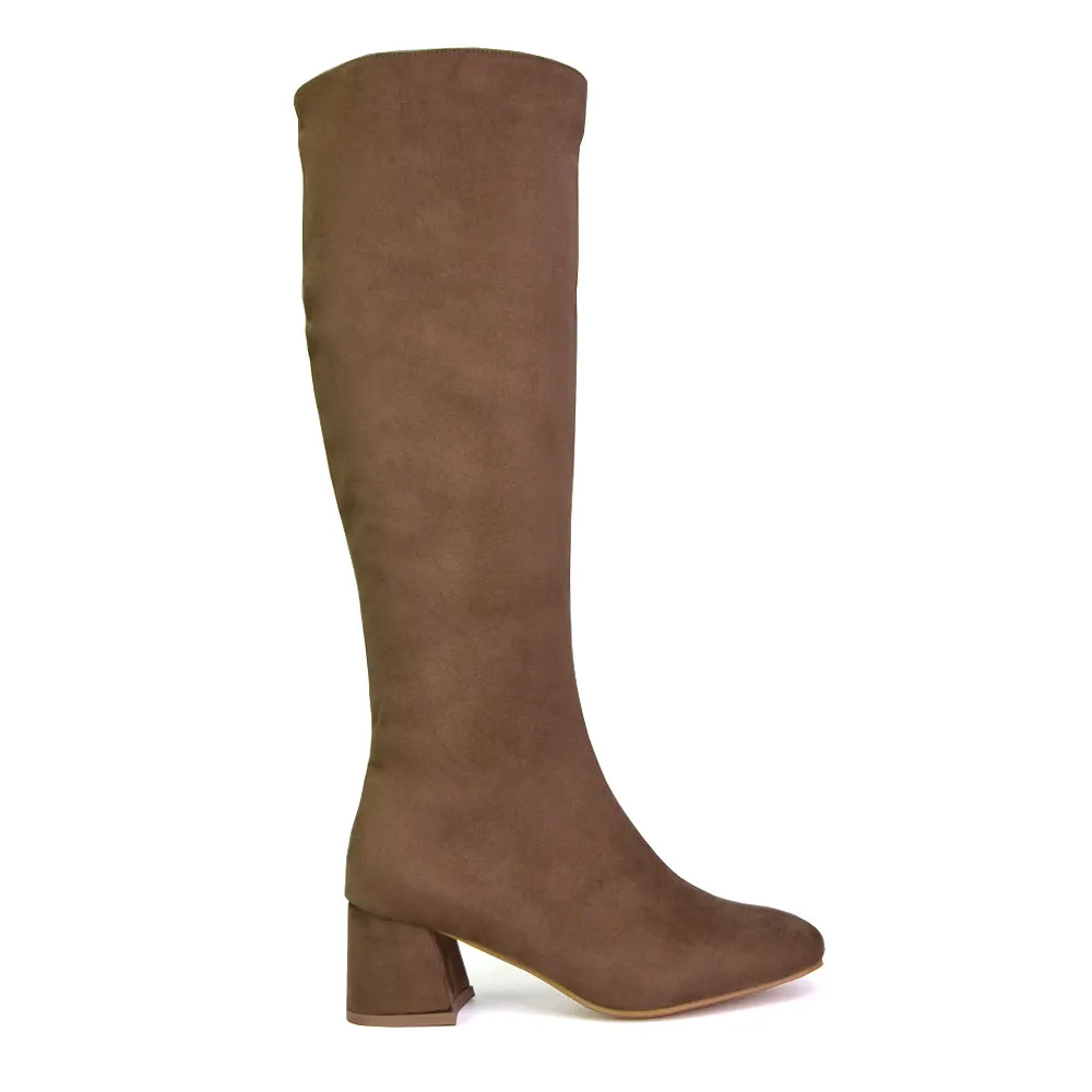 Kaia Flared Block High Heel Below The Knee High Boots With Heel in Taupe Faux Suede