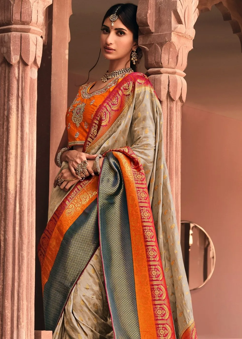 Khaki Brown Woven Banarasi Silk Saree with Embroidered Blouse