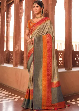 Khaki Brown Woven Banarasi Silk Saree with Embroidered Blouse