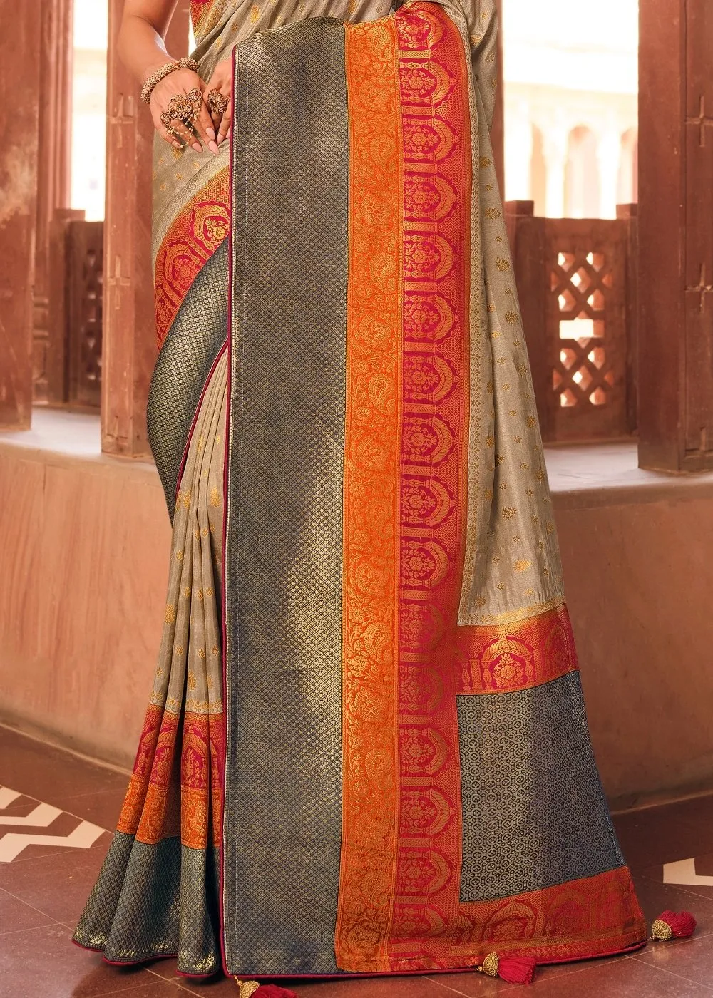 Khaki Brown Woven Banarasi Silk Saree with Embroidered Blouse