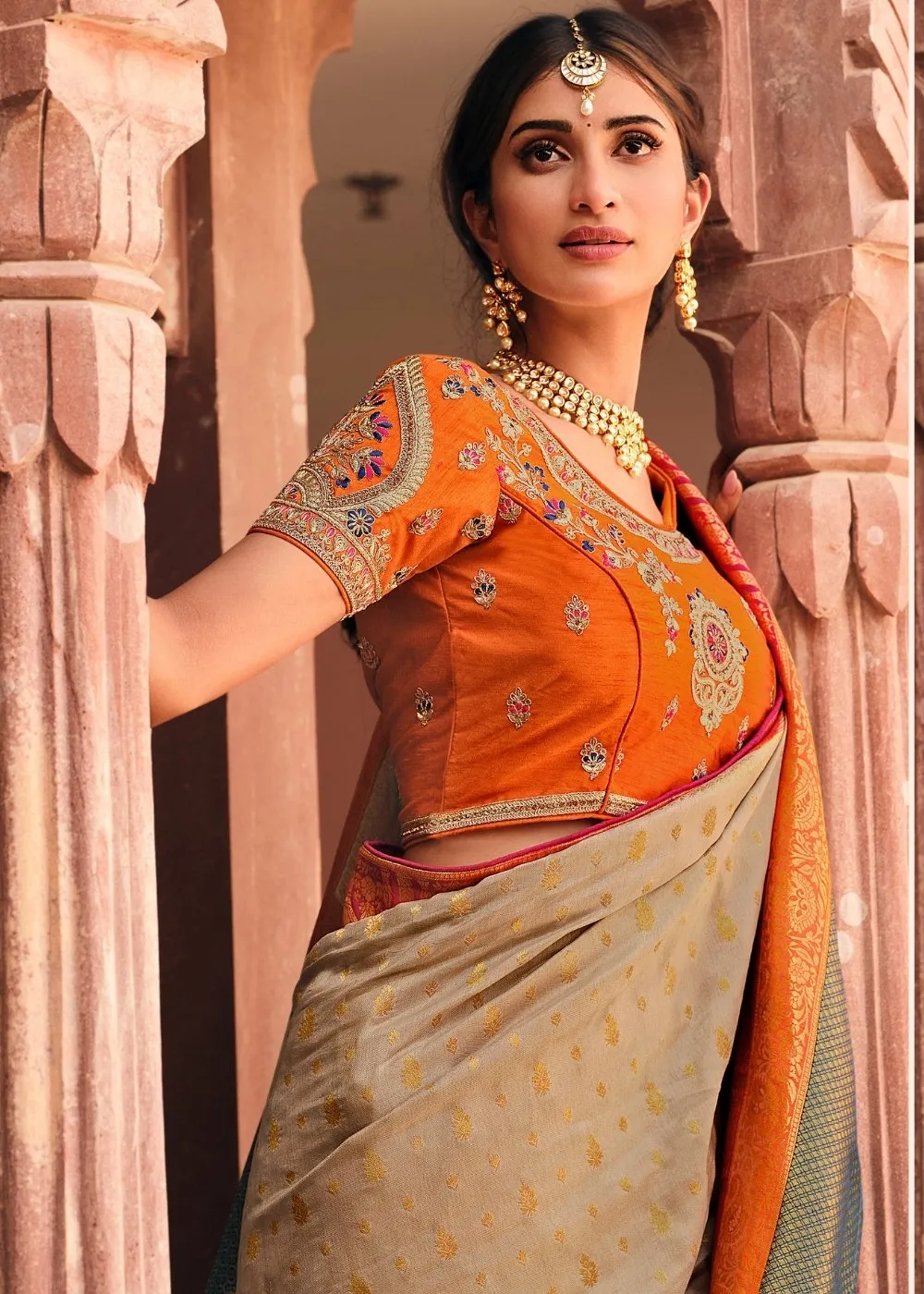 Khaki Brown Woven Banarasi Silk Saree with Embroidered Blouse