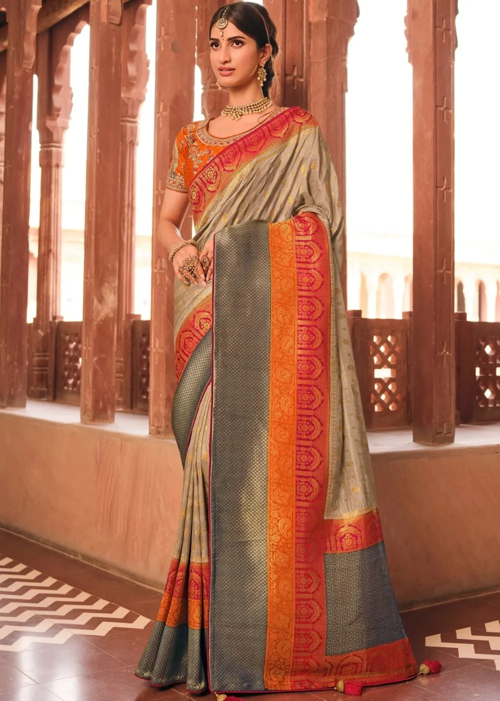 Khaki Brown Woven Banarasi Silk Saree with Embroidered Blouse