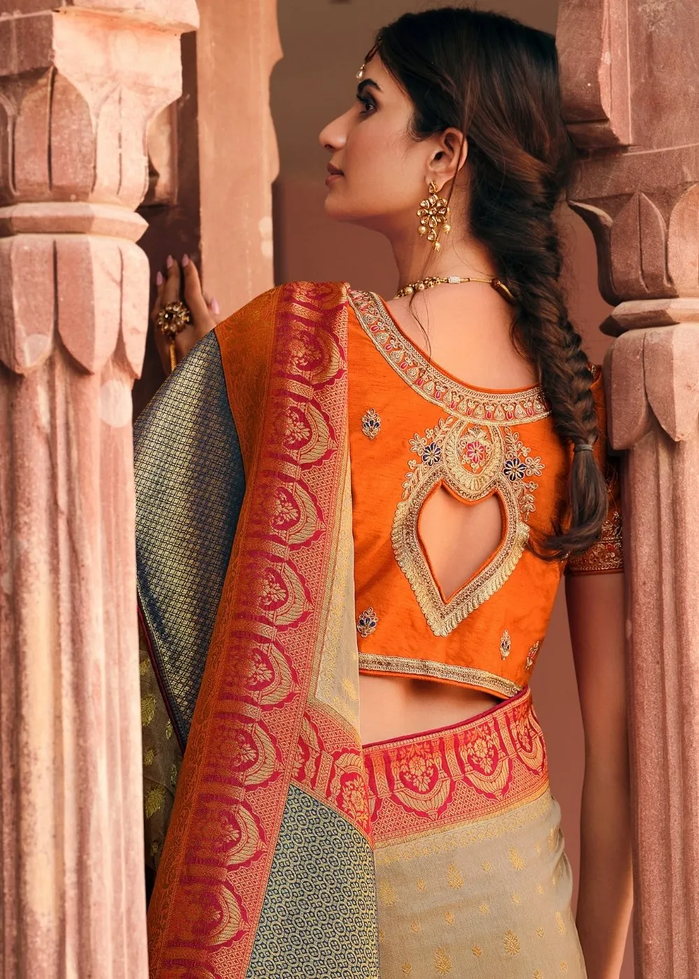 Khaki Brown Woven Banarasi Silk Saree with Embroidered Blouse