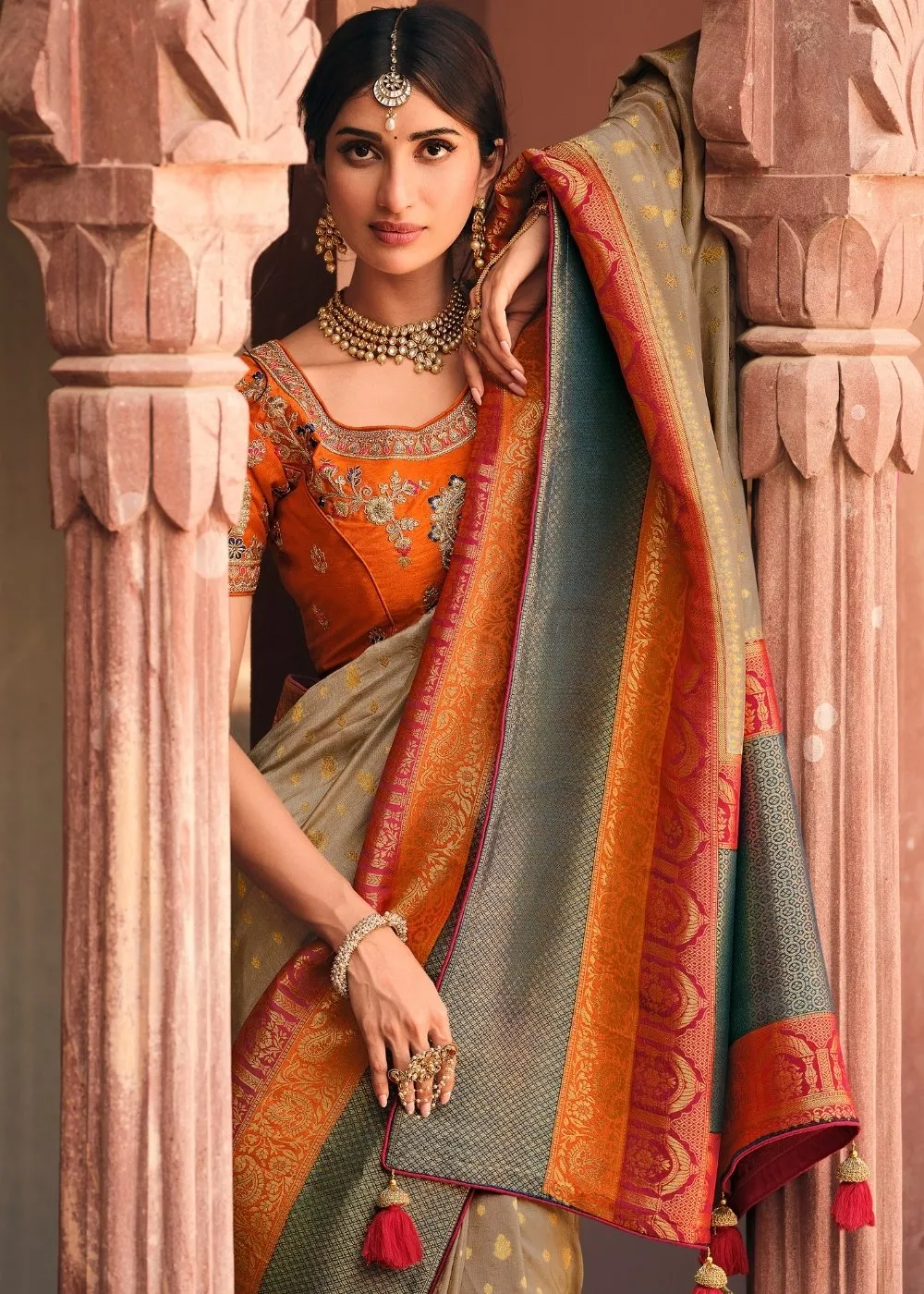 Khaki Brown Woven Banarasi Silk Saree with Embroidered Blouse