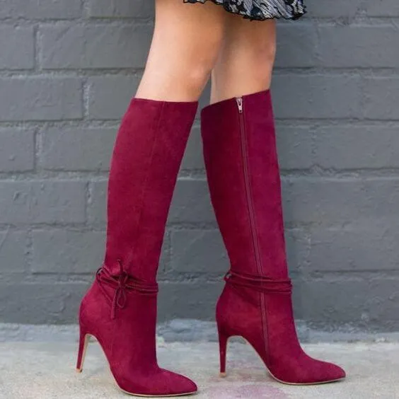 Lace Up High Heel Suede knee High Boots