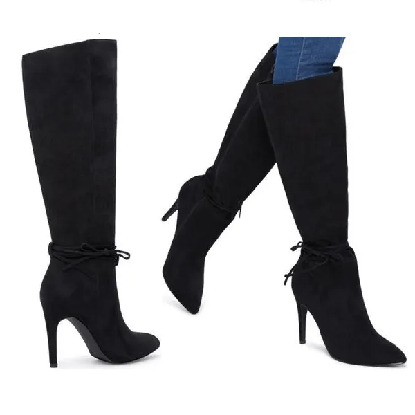 Lace Up High Heel Suede knee High Boots