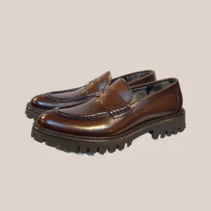 Leather Penny Loafer with Lug Sole Tread - Brown