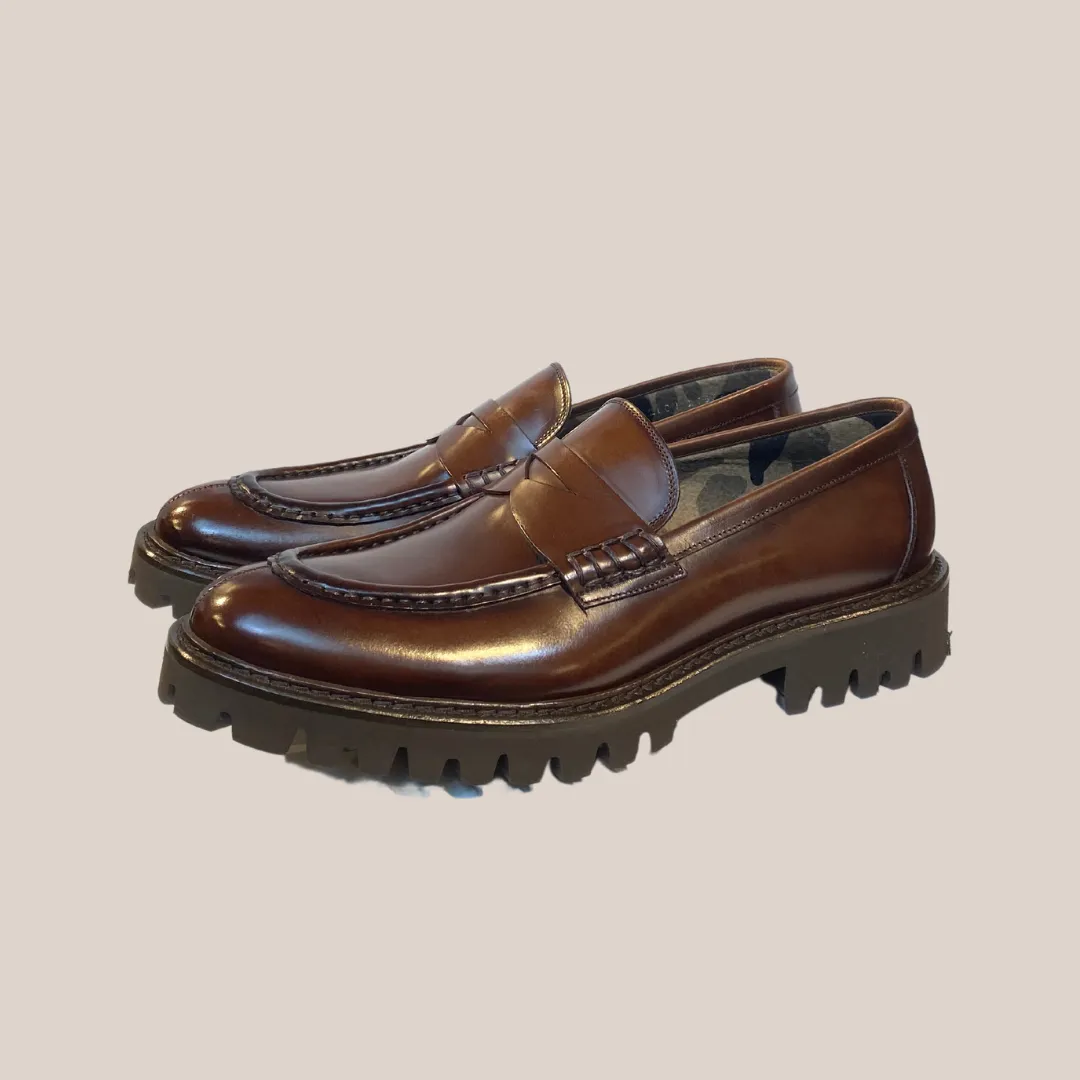 Leather Penny Loafer with Lug Sole Tread - Brown