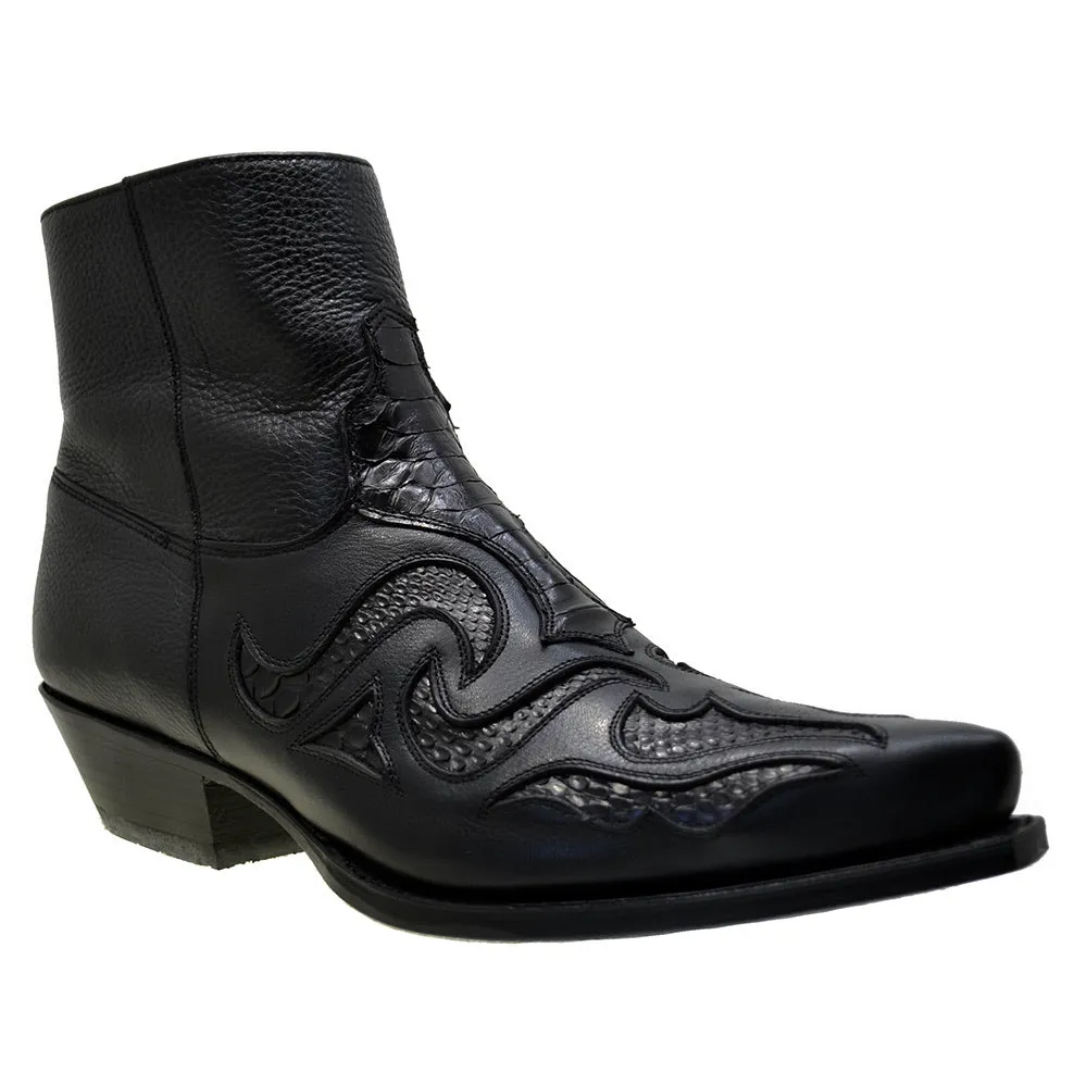 Men's Cowboy Boots Sendra 7482P Black Leather Python Skin Cuban Heel