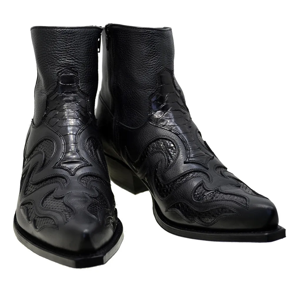 Men's Cowboy Boots Sendra 7482P Black Leather Python Skin Cuban Heel