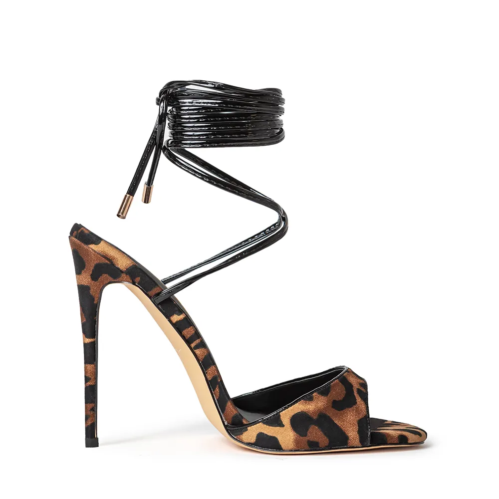 Monica 100 mm Leopard Vegan Wrap Sandal Heels
