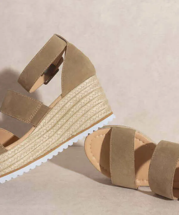OASIS SOCIETY Slyvie - Khaki Double Strap Wedges Heels Sandals
