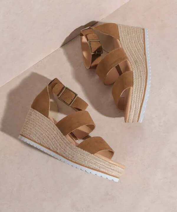 OASIS SOCIETY Slyvie - Khaki Double Strap Wedges Heels Sandals