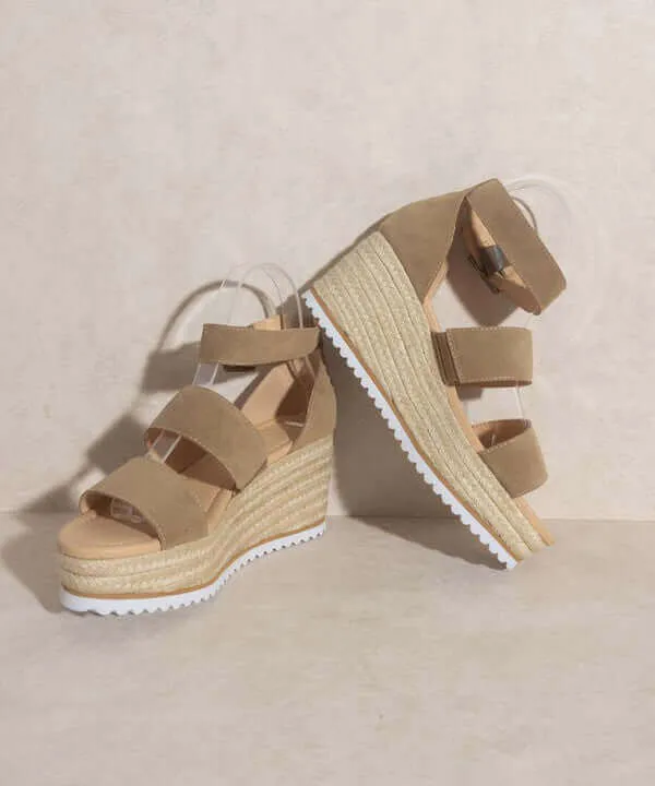 OASIS SOCIETY Slyvie - Khaki Double Strap Wedges Heels Sandals