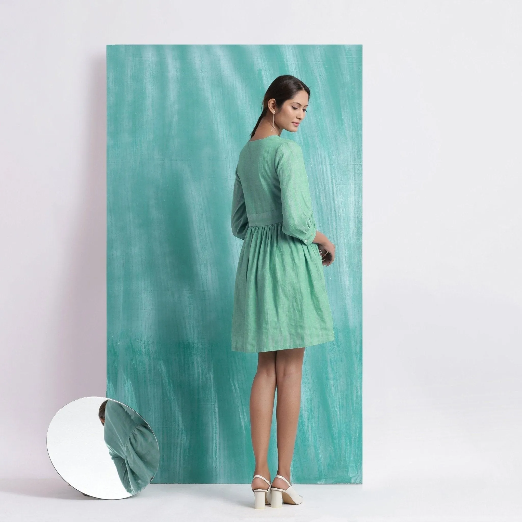 Ocean Green Handspun Cotton V-Neck Gathered Short Dress