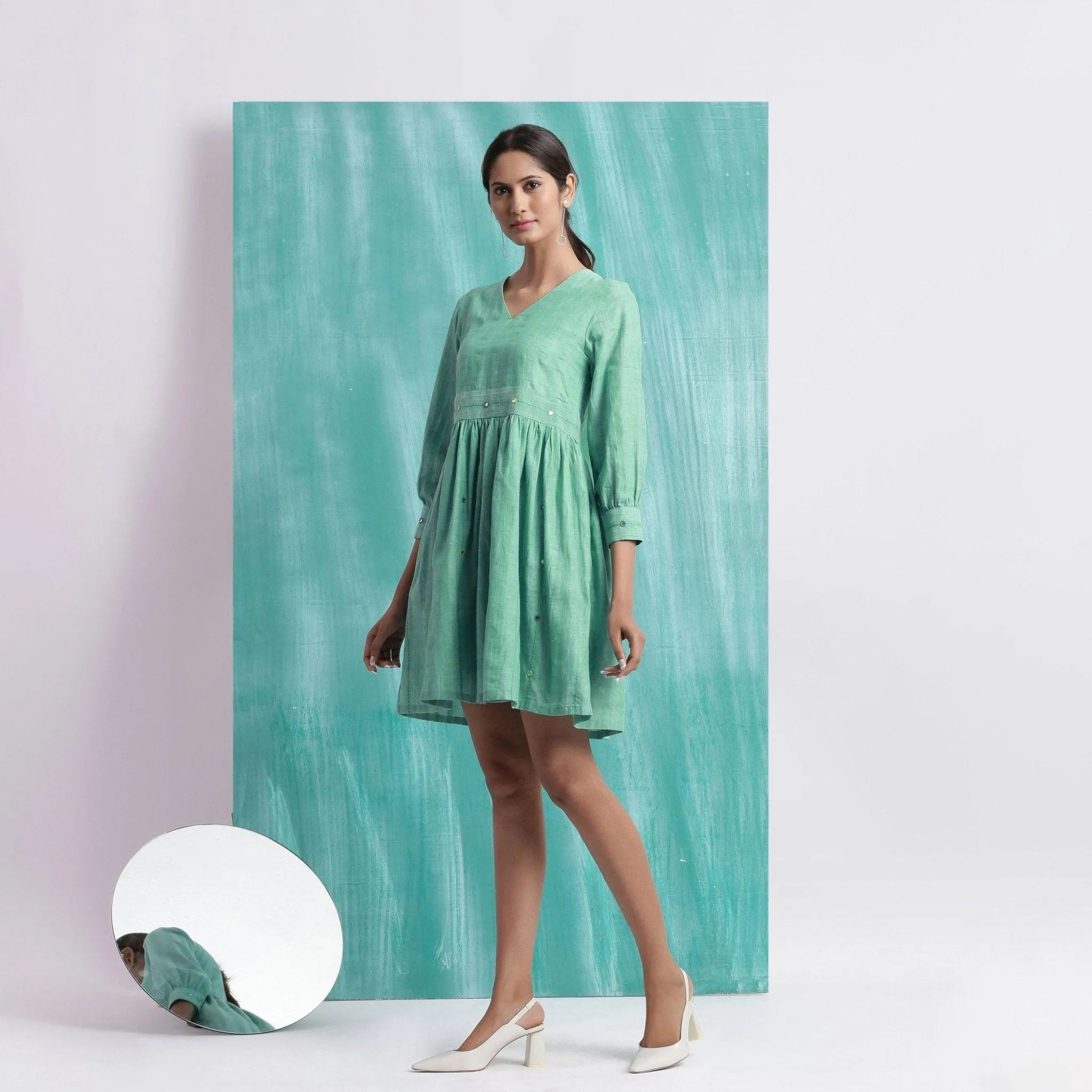 Ocean Green Handspun Cotton V-Neck Gathered Short Dress