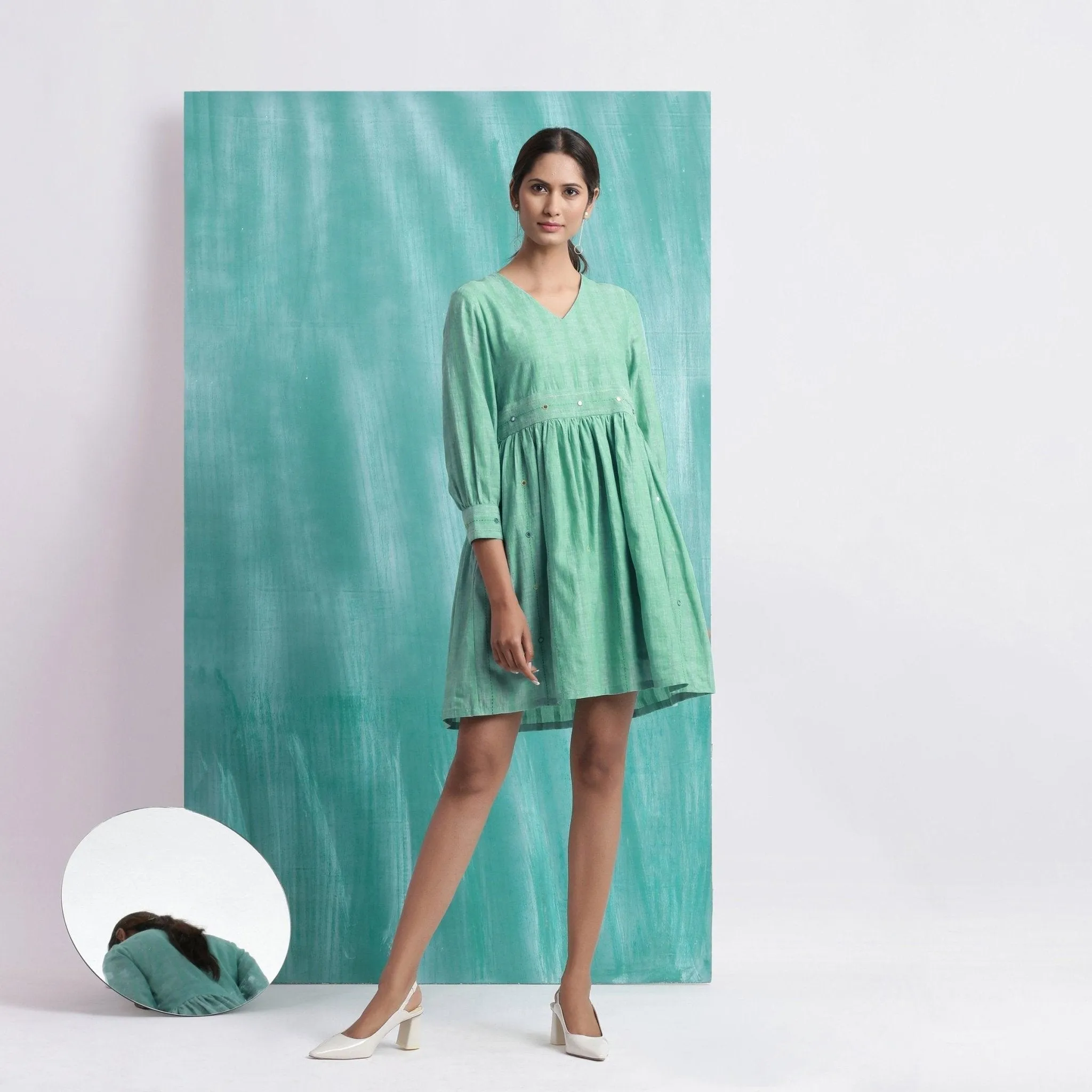 Ocean Green Handspun Cotton V-Neck Gathered Short Dress