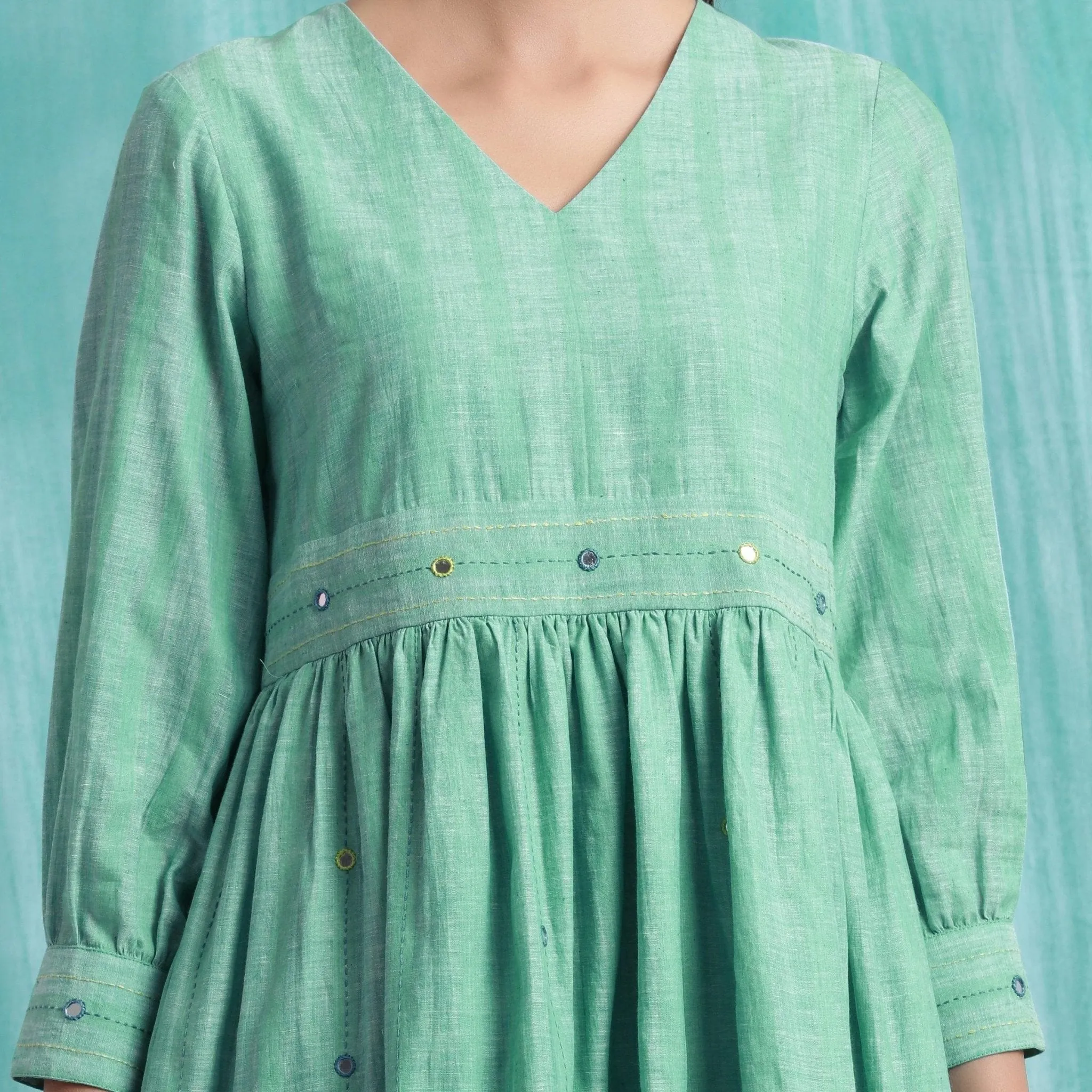 Ocean Green Handspun Cotton V-Neck Gathered Short Dress