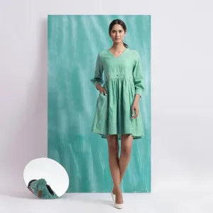 Ocean Green Handspun Cotton V-Neck Gathered Short Dress