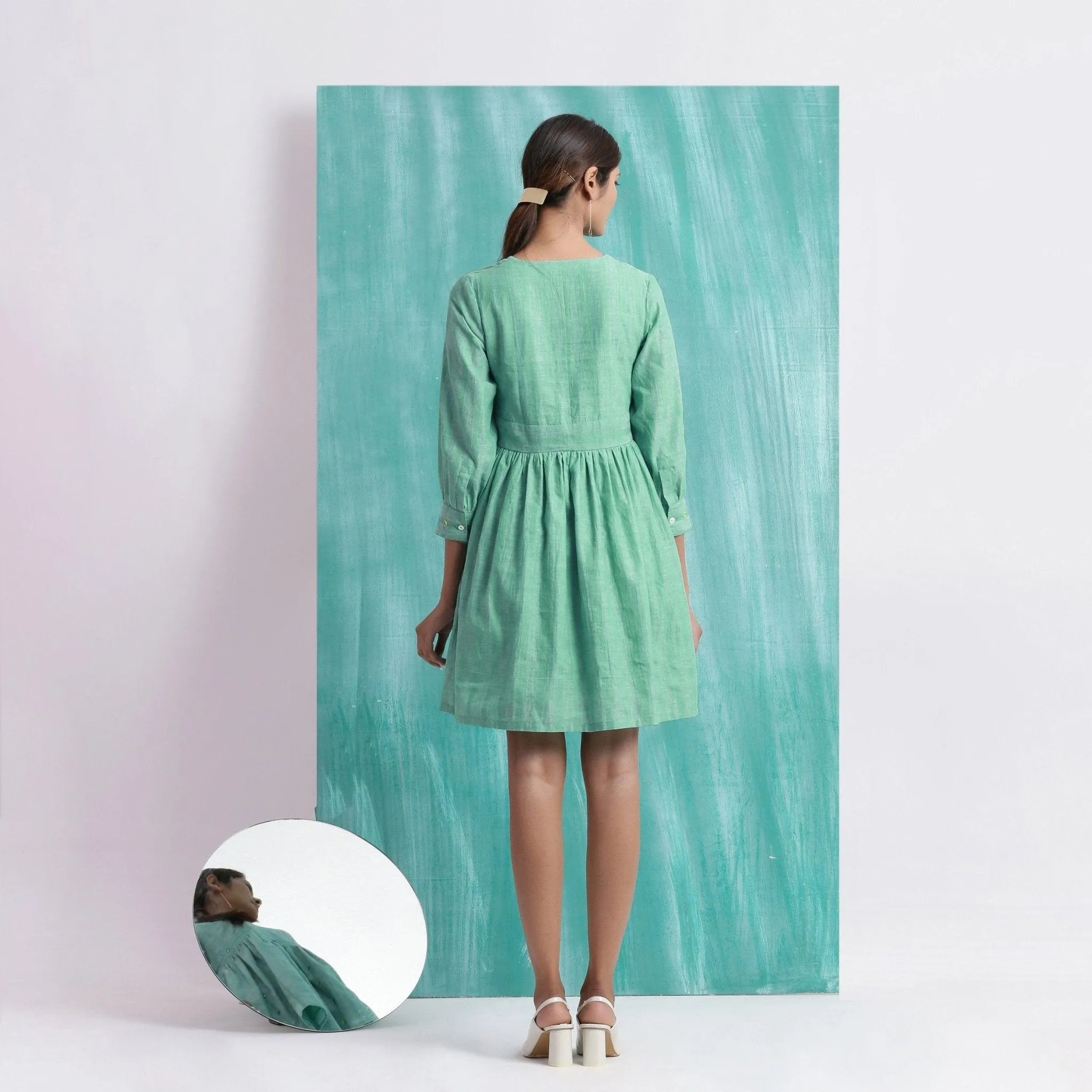 Ocean Green Handspun Cotton V-Neck Gathered Short Dress