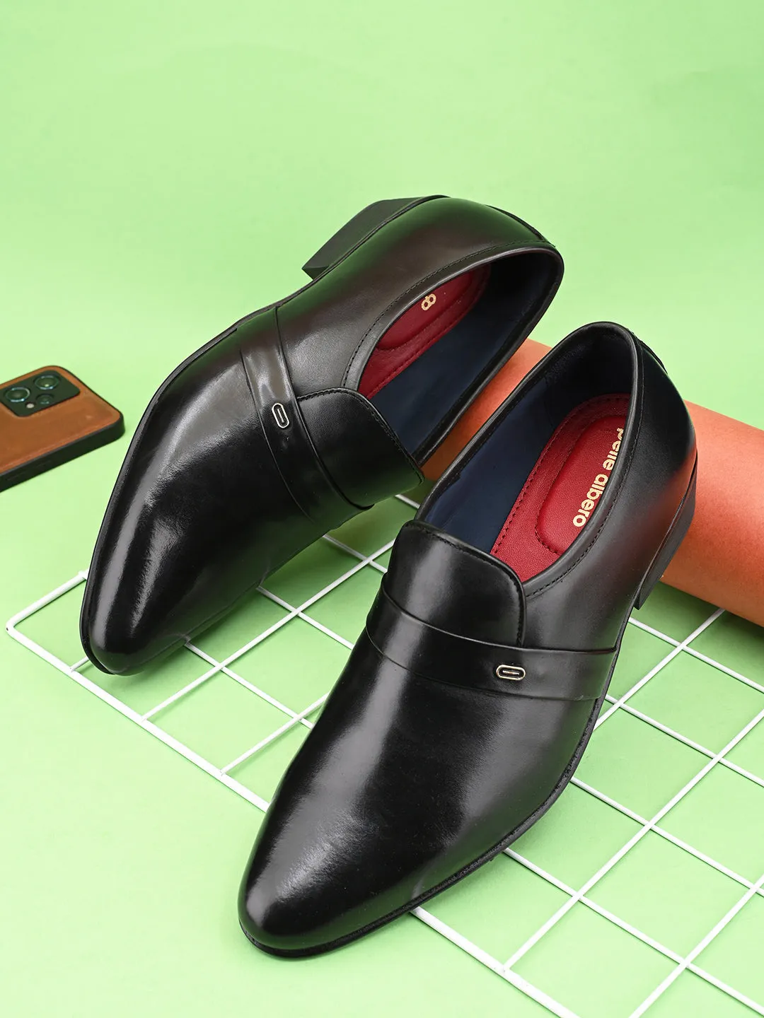 Pelle Albero Black Leather Slip on Cuban Heel Formal Shoes For Men