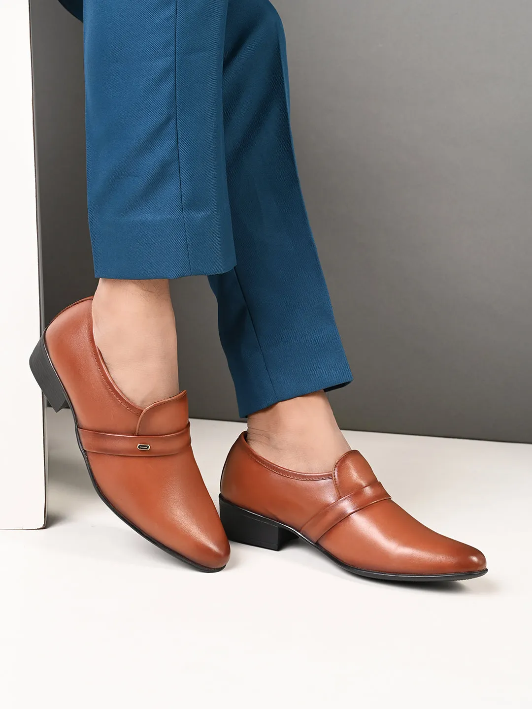 Pelle Albero Cognac Leather Slip on Cuban Heel Formal Shoes For Men