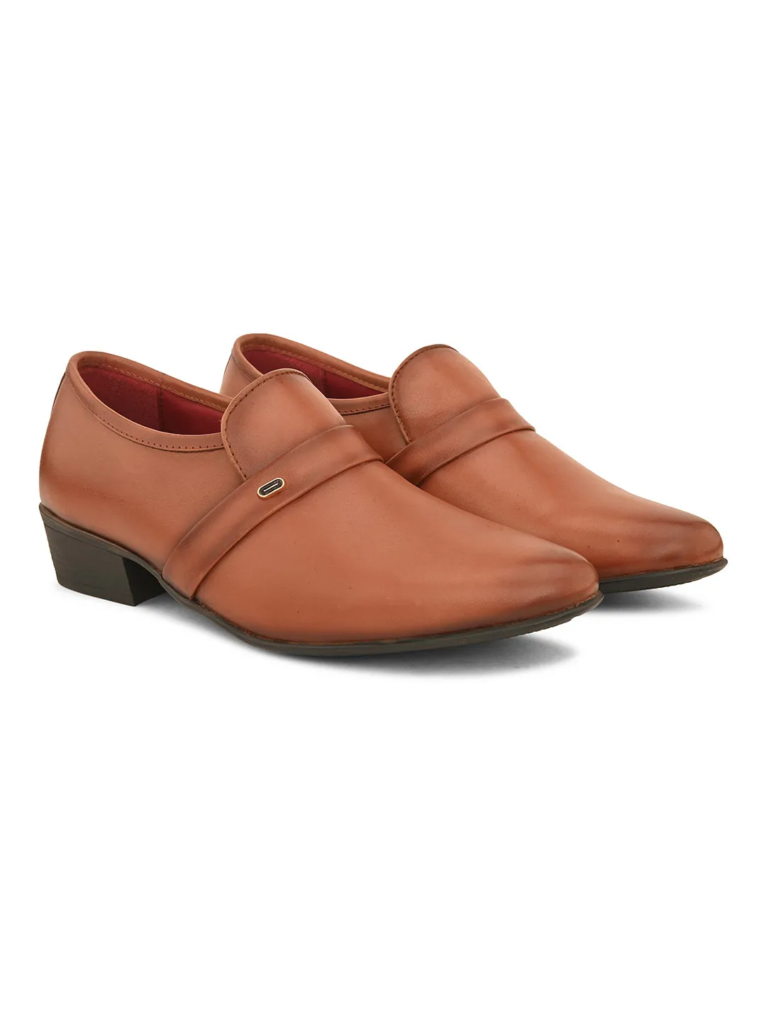 Pelle Albero Cognac Leather Slip on Cuban Heel Formal Shoes For Men