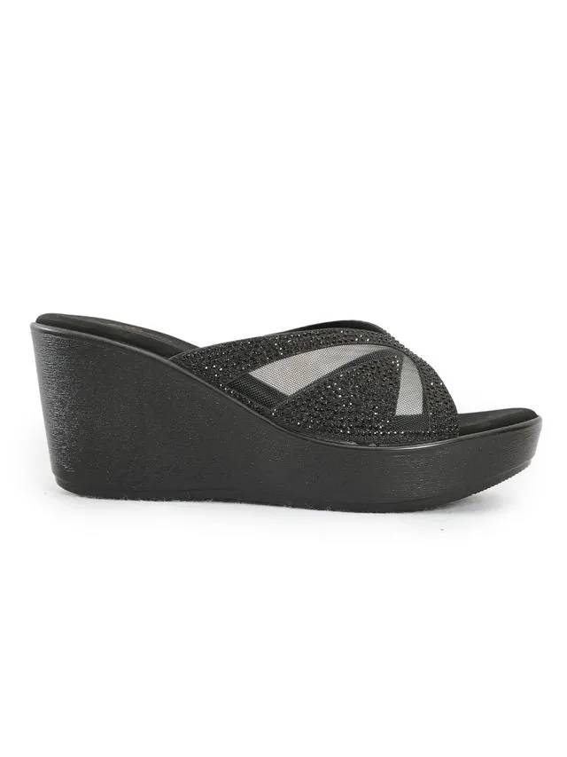 PELLE ALBERO Women Black Embellished Slip-On Wedge Heels Sandals