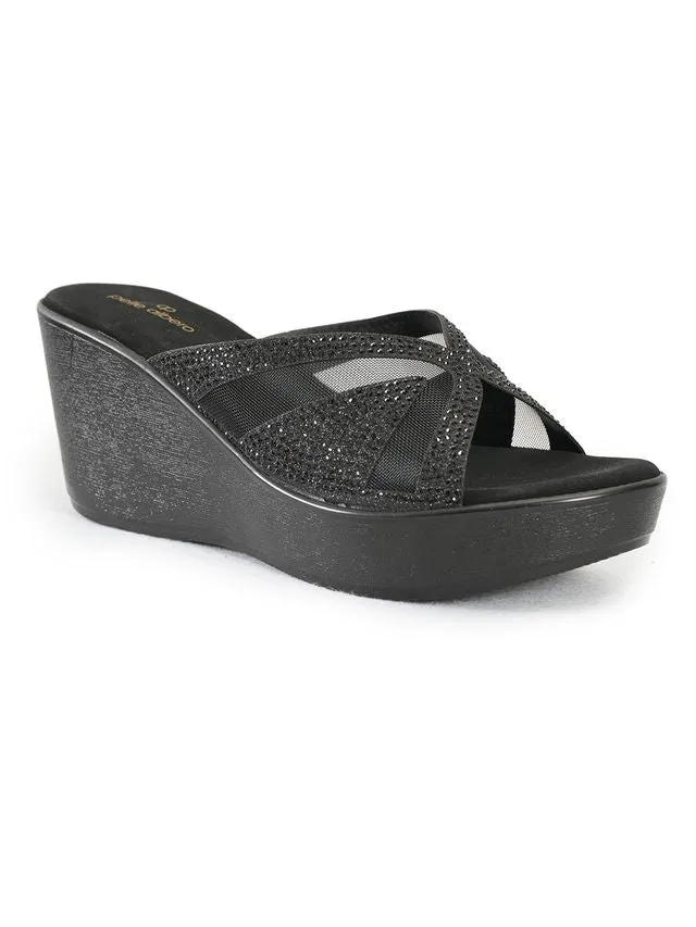 PELLE ALBERO Women Black Embellished Slip-On Wedge Heels Sandals