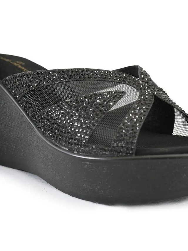 PELLE ALBERO Women Black Embellished Slip-On Wedge Heels Sandals