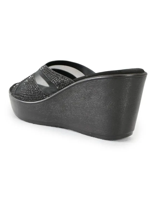 PELLE ALBERO Women Black Embellished Slip-On Wedge Heels Sandals