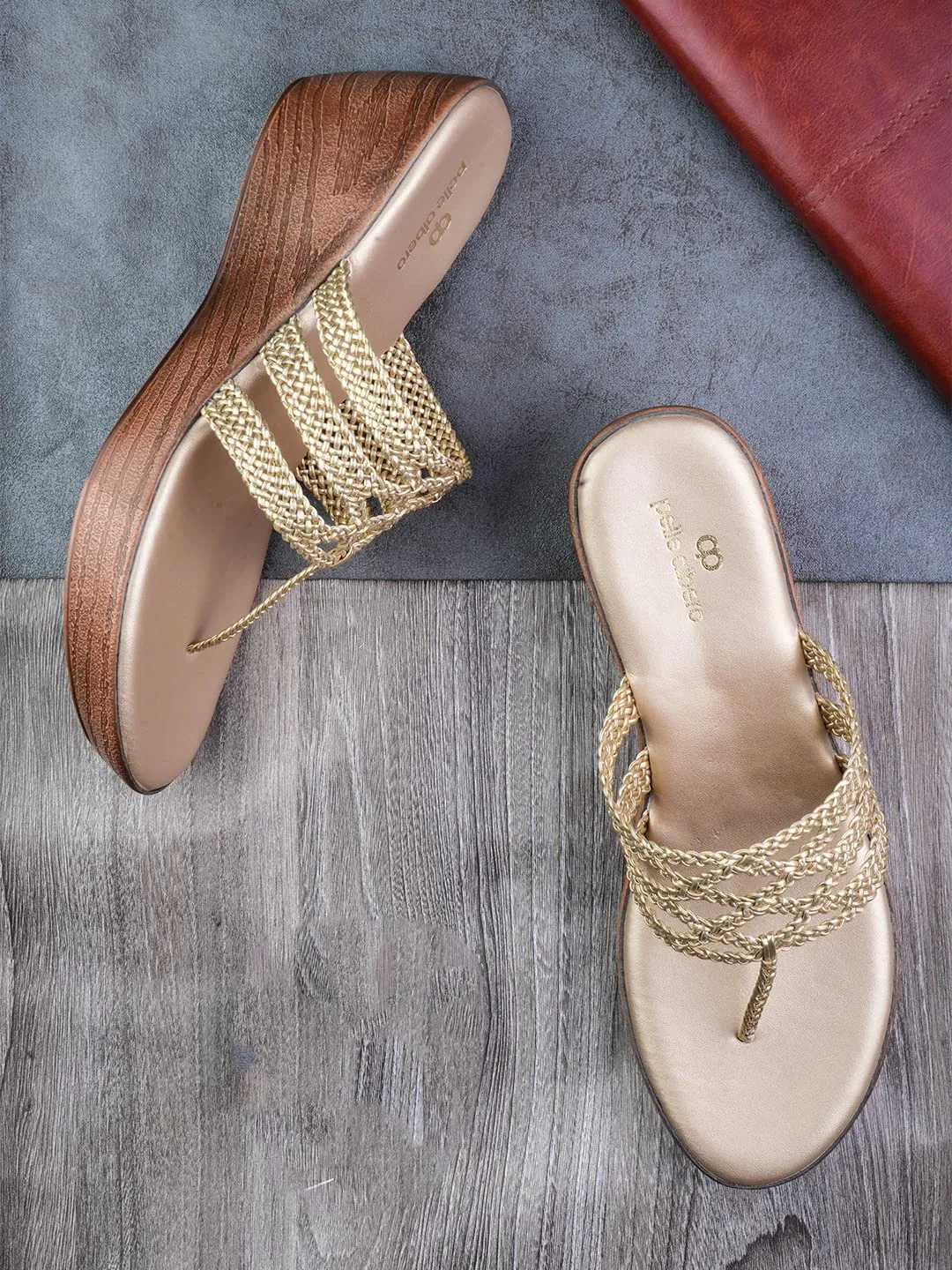 pelle albero Women Gold Embellished Slip-On Wedge Heels Sandals PA-GLM-08_GOLD_41
