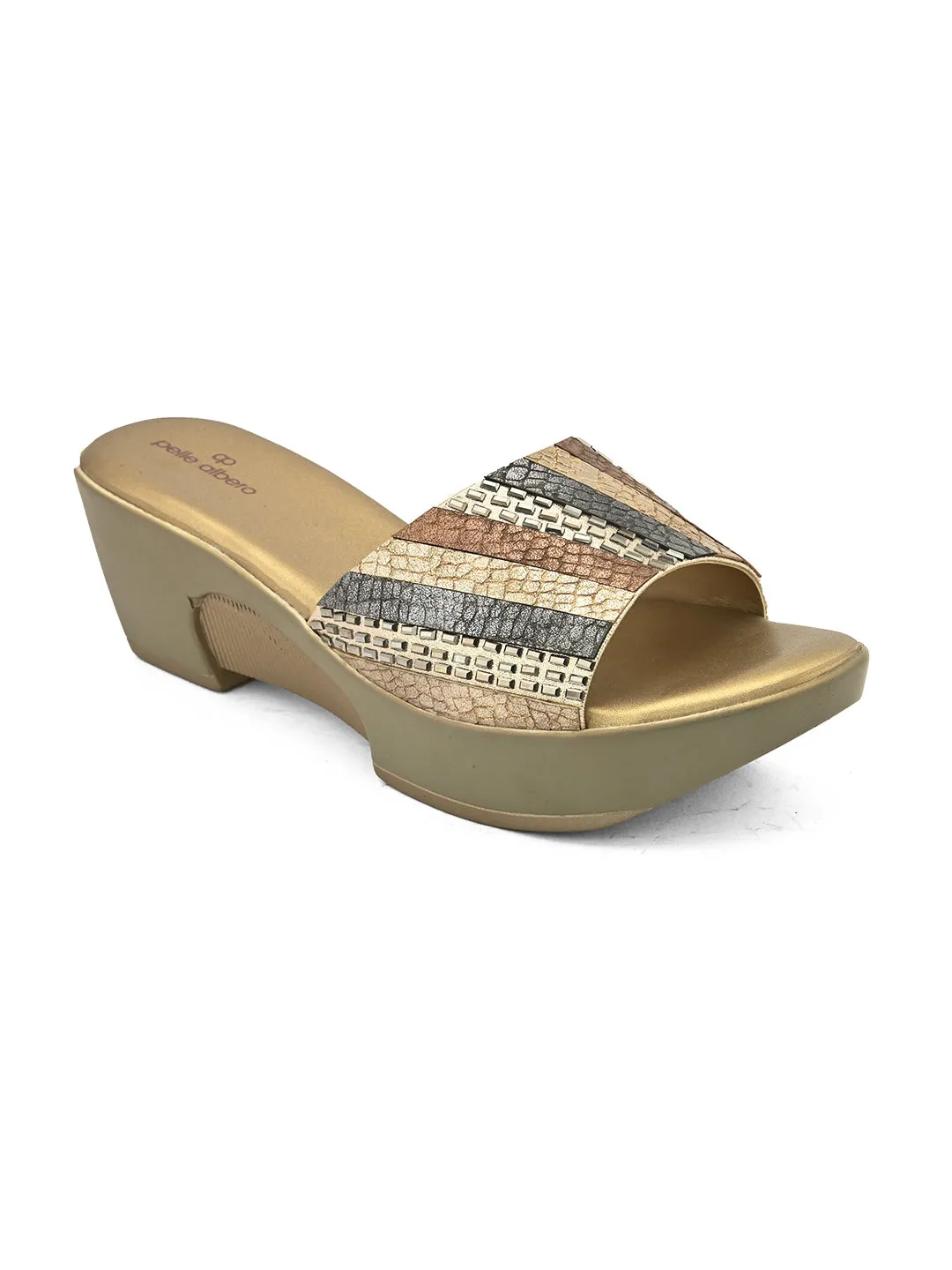PELLE ALBERO Women Gold Embellished Slip-On Wedge Heels Sandals