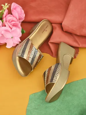 PELLE ALBERO Women Gold Embellished Slip-On Wedge Heels Sandals
