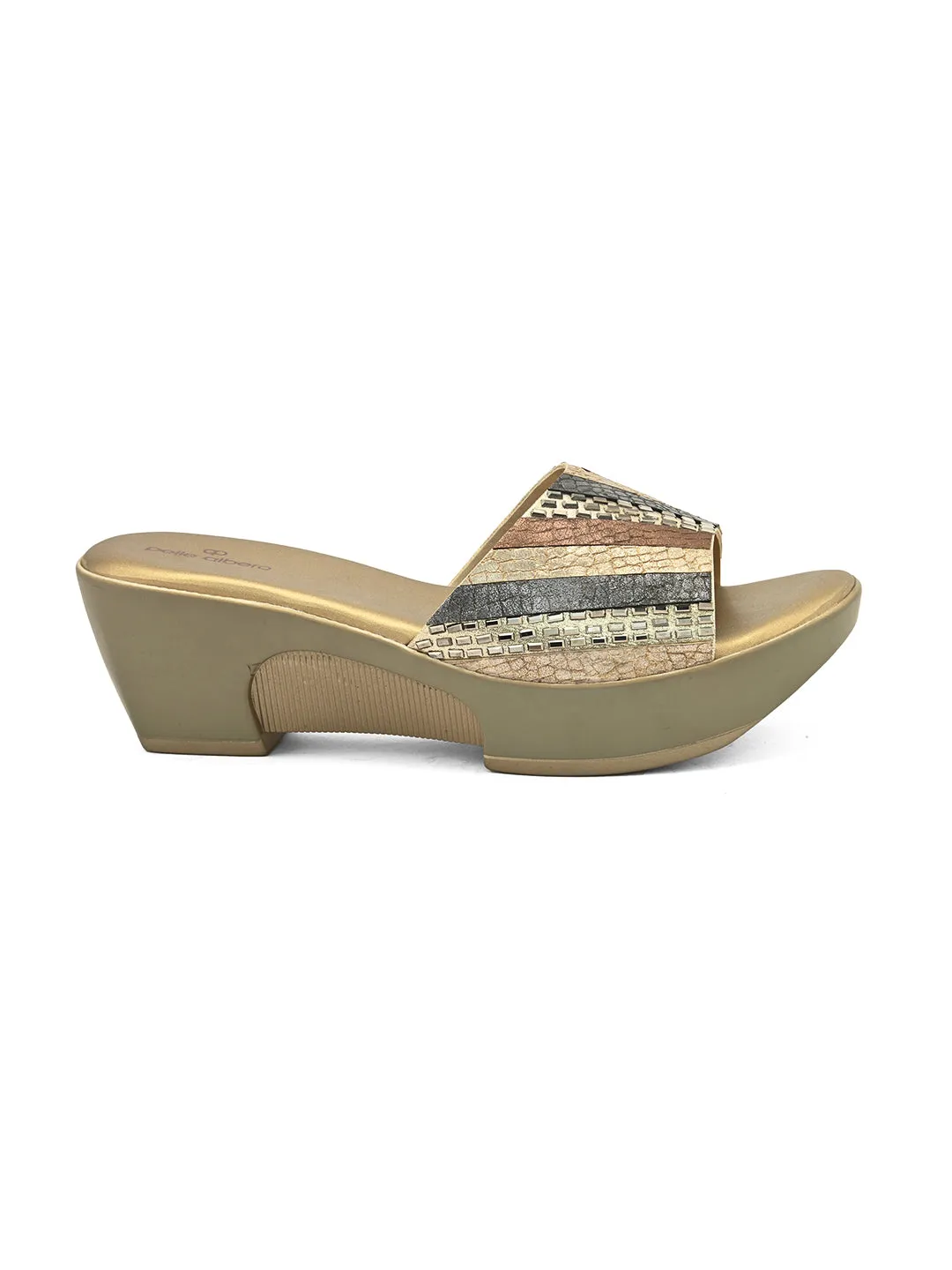 PELLE ALBERO Women Gold Embellished Slip-On Wedge Heels Sandals