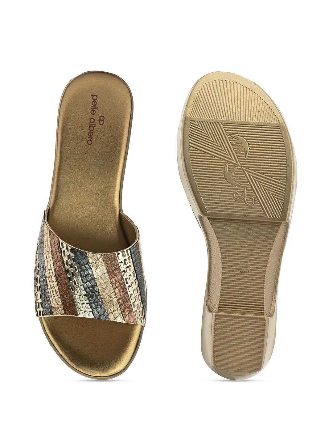 PELLE ALBERO Women Gold Embellished Slip-On Wedge Heels Sandals